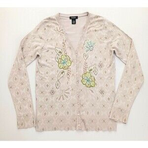 Peck & Peck Beaded Cardigan Sweater Tan Cotton Blend Stretch Sz L